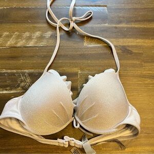Victoria's Secret Silver Metallic Shiny Bikini Padded 34A Halter Ruffle Disco